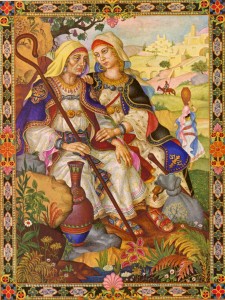The story of Ruth’s devotion to mother-in-law Naomi is one of the Bible’s most sensitive and meaningful tales. This painting appears in the 1947 Limited Editions Club publication of The Book of Ruth illustrating Ruth’s entrance into her new community by volunteering to work in the barley field at harvest time. The fair haired Ruth can be seen in the background wielding her scythe. The figure of Boaz, a wealthy kinsman of Ruth’s deceased father-in-law, Elimelech, is positioned in the foreground. He is asking his servant “Whose damsel is this?” in reference to Ruth, for a plan is afoot; Naomi hopes to spark a match between these two thus safeguarding her foreign daughter-in-law who proved “better to her than seven sons”. The verdant symbolism of a bountiful harvest surrounds the scene with the golden presence of ripe grain, grape clusters, livestock and flowers. This is an illumination pregnant with the possibilities of hope and growth. Though it was Szyk’s usual practice to design one common border for his illustrated books, this is not the case in The Book of Ruth where each frame is individually executed. Each border utilizes colors and patterns carefully chosen to harmonize with the enclosed image. This border uses a pleasing repetition of intricate bright geometry that pops! from the dark background. Arthur Szyk readily acknowledged the importance and influence that the stories and heroes of the Bible provided for him. These legendary figures fueled the prodigious imagination and creativity which lasted the length of his lifetime. This is a rare and decidedly precious gem from the master illuminator.