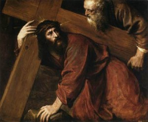 Simon of Cyrene Helps Jesus Carry the Cross - Titian Tiziano) b. 1490, d. 1576, Museo del Prado, Madrid