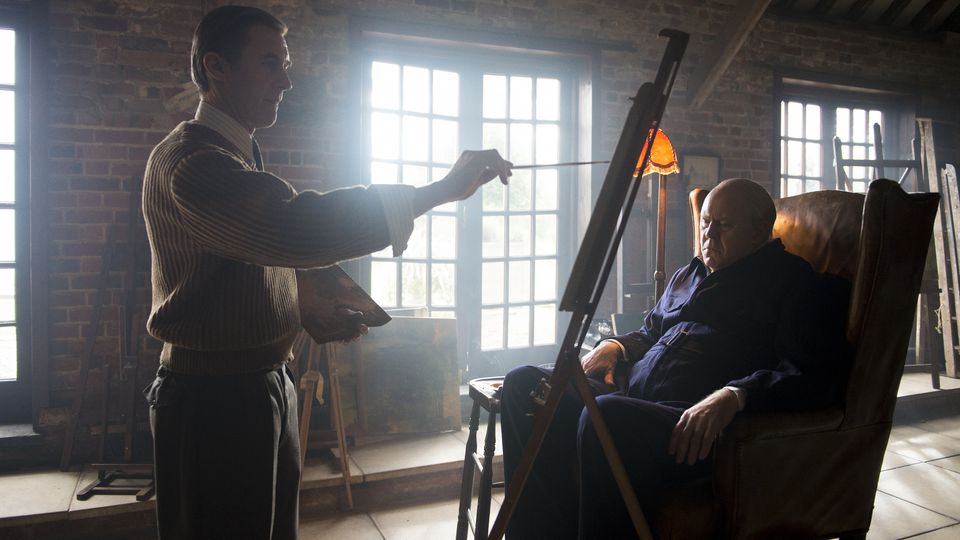 a scene from the series The Crown, depicting Churchill's sitting with Sutherland